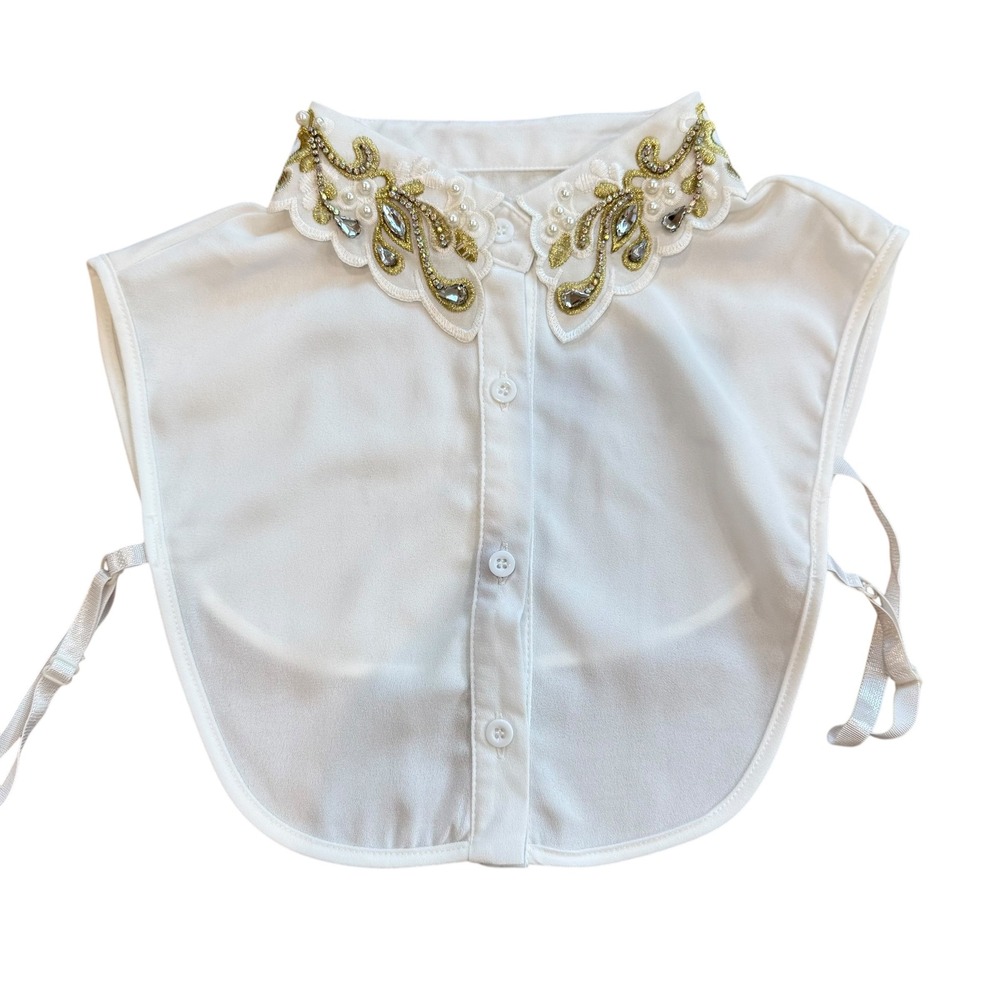 White Gold Embroidered Faux Collar Dickey Rhinestone Pearl Beaded Detachable‎
